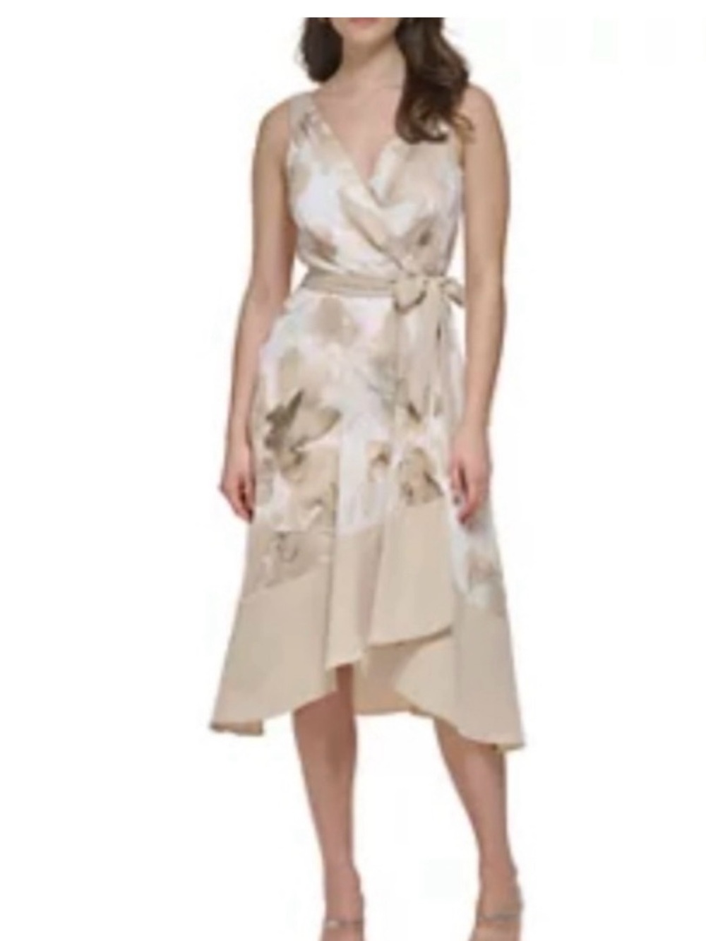 DKNY Beige Floral High-Low Wrap Dress